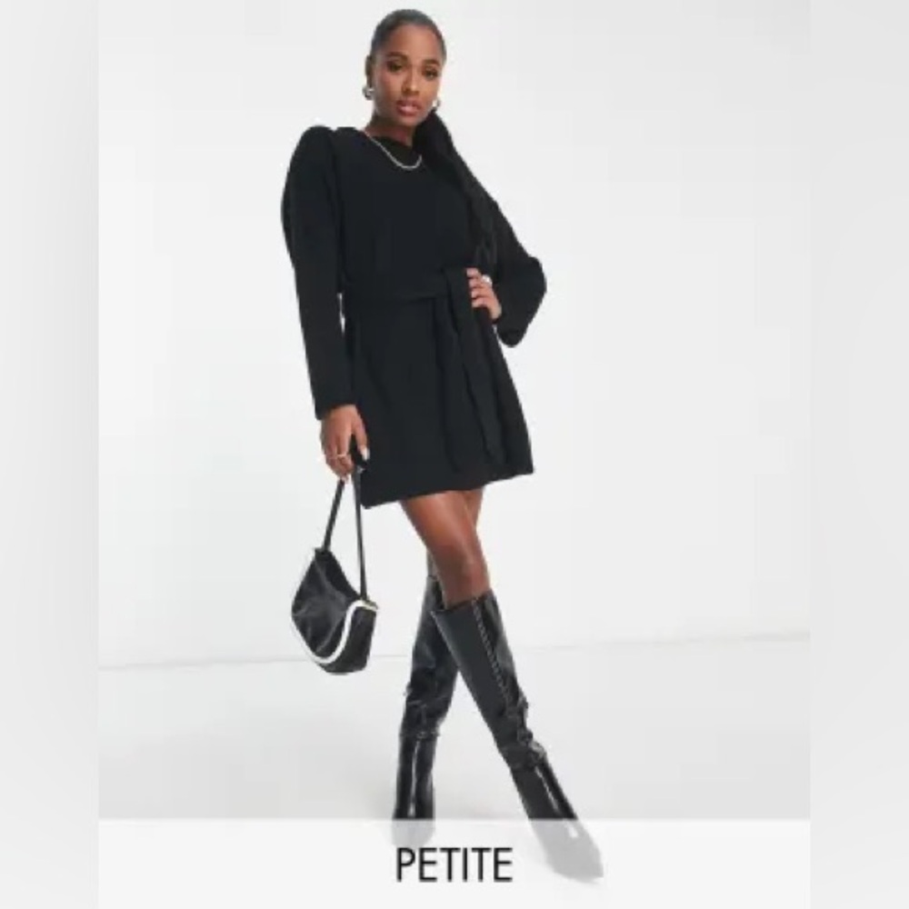 ASOS Petite Tie Waist Sweater Dress in Black Knkt